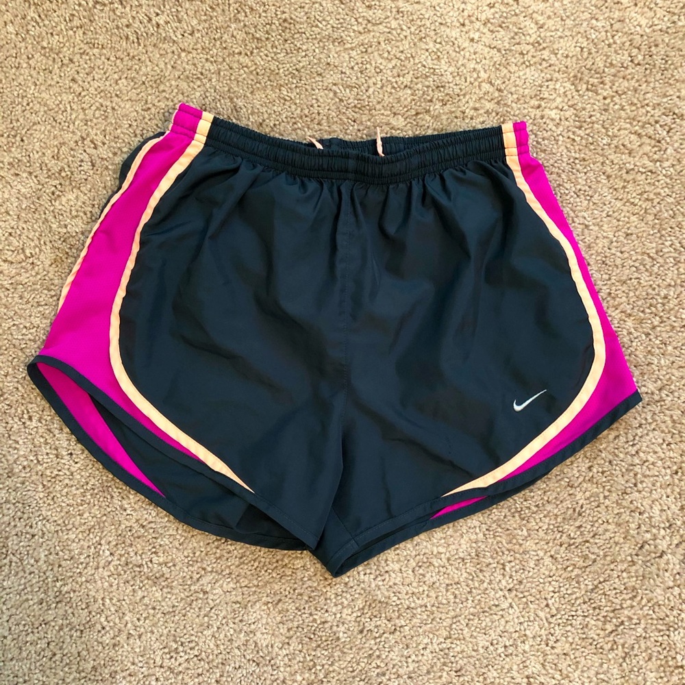 Nike Dri-fit Shorts in dark gray, orange, and hot pink